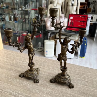 Coppia Portacandele Putti Bronzo
