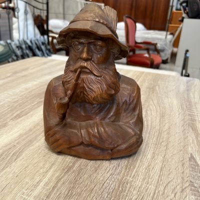 Scultura Legno Intagliato Alpino Con Pipa