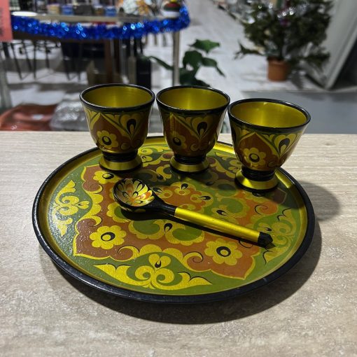Vassoio + 3 Tazzine + Cucchiaino Legno Russia Khokhloma