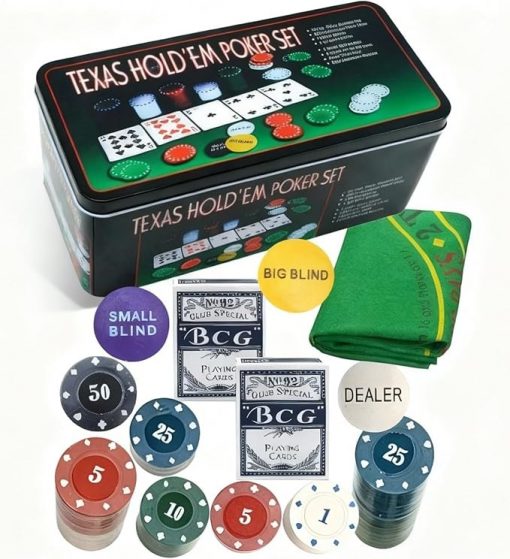 CONFEZIONE LATTA CON 200 FICHES E ACCESSORI TEXAS HOLDEM