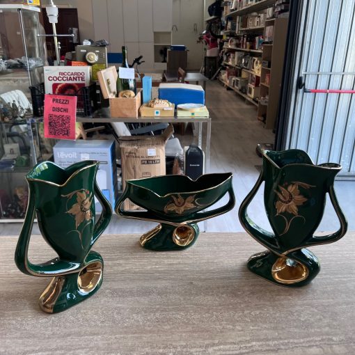 Trittico Vasi Ceramica Vintage Verde Oro